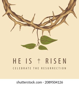 Easter banner with a crown of thorns and a young twig on a beige background. Religious vector illustration with the words He is risen, Celebrate the Resurrection. Catholic and Christian symbol
