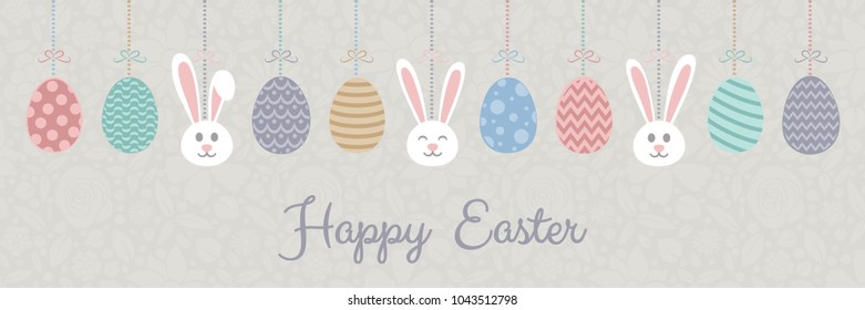 Easter banner with cute bunnies, eggs and wishes. Vector.