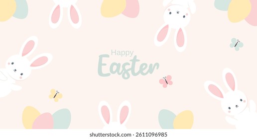 Easter banner with cute Easter bunnies and Easter eggs on pastel beige background. Flat vector illustration