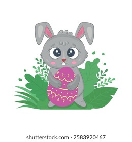 Easter banner with cute Easter bunny and egg. A spring cartoon Easter story for Easter. Flat design illustration. Vector illustration