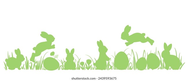 Easter banner with Cute Easter bunny and eggs silhouette. Bunnies sitting and jumping on the grass among eggs. Easter egg hunt wide frame border. Rabbits on the meadow vector design.