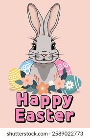 Easter Banner With Cute Easter Bunny Flower Illustration