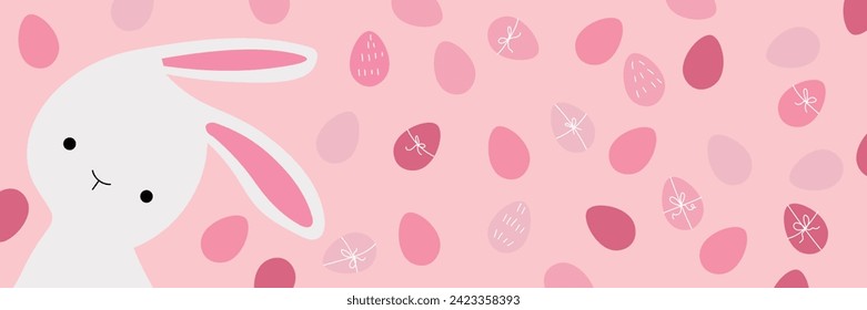 Easter banner with cute bunny and many eggs on pink background