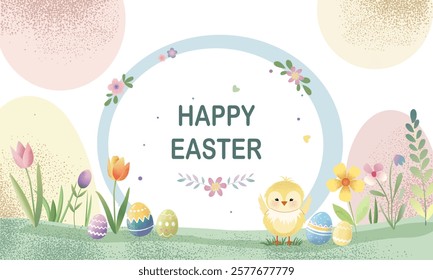 Easter banner with cute chick in pastel colors and text. Happy Easter frame. Poster, greeting card.