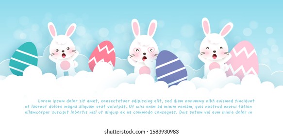 Easter banner with cute rabbits and Easter eggs in paper cut style.