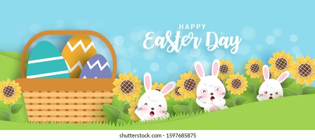 Easter banner with cute rabbits and Easter eggs in paper cut and craft style 