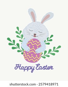 Easter banner with cute sleeping rabbit and Easter eggs. A spring cartoon story with the caption "Happy Easter Day". Flat design illustration. Vector illustration