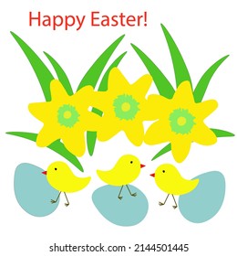 Easter banner with daffodils and birds. Trendy Easter design. Suitable for poster, postcard, scrapbooking, tag, invitation, sticker set, fabric, packaging. Hand drawn vector illustration