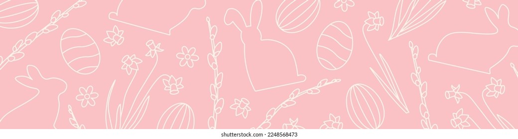 Easter banner with daffodils, willow catkins branches, eggs and bunnies - vector illustration