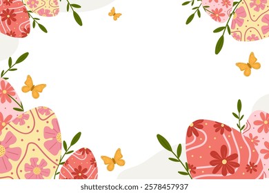 Easter banner with decorated eggs, graceful butterflies with empty space in center for customization. Cute Easter holiday elements decor in vector flat style. For invitations, cards, banners.