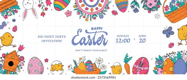 Easter banner decorated with lettering quote and frame of doodles. Good for prints, invitations, templates, cards, social media covers, etc. EPS 10