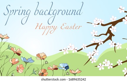 Easter banner with delicate flowers. Vector background with spring flowers for greeting cards and posters. Easter greetings