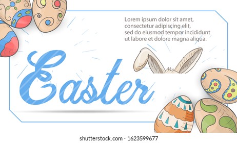 Easter banner for design design colored eggs, in style, children's Doodle, inscription, place for text, rabbit ears, on a white background in a blue frame, vector EPS 10