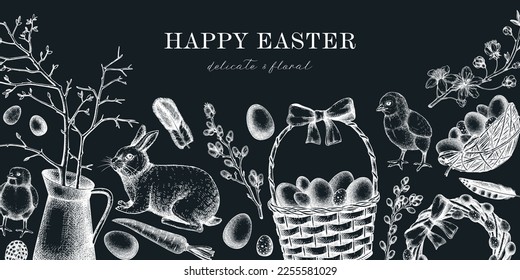 Easter banner design with cute characters and spring decor elements. Hand drawn bunnies, eggs, chickens, flowers and flowering trees background. Vector template with Holiday sketches on chalkboard