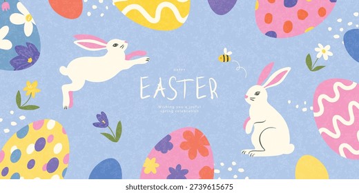Easter banner design in a cute hand drawn style, featuring white rabbits, colorful painted eggs, flowers, and a bee on a blue background, for spring celebration, vector illustration.