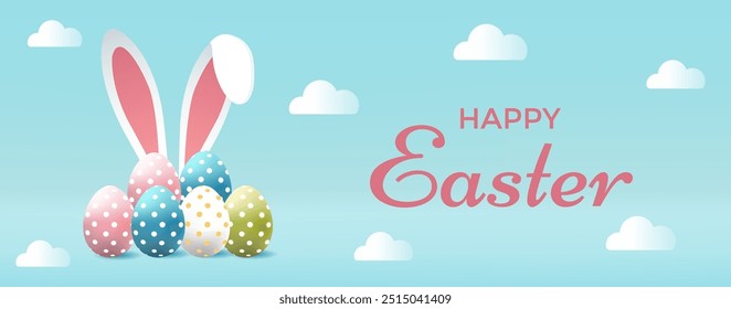 Easter banner design with eggs, clouds and bunny ear