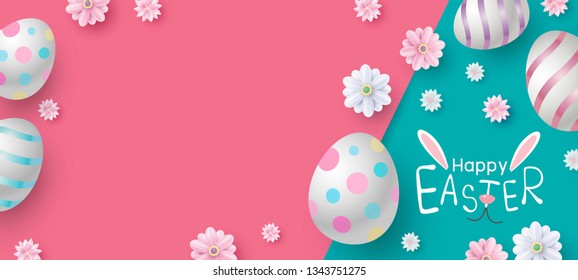 Easter banner design of eggs and flowers on color paper vector illustration