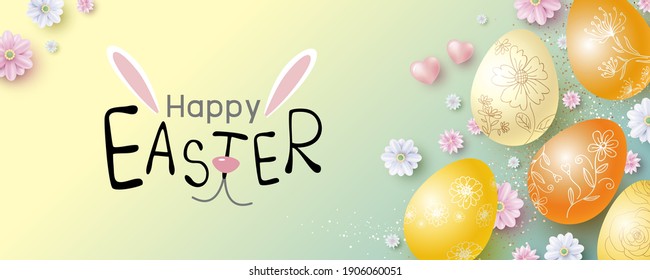 Easter banner design of eggs and flowers vector illustration