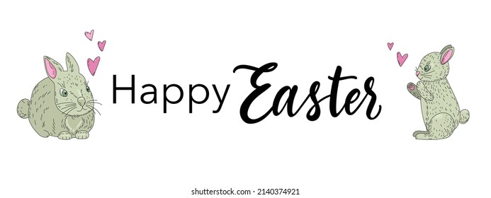 Easter banner design with hand drawn calligraphy and cute pair of rabbits.