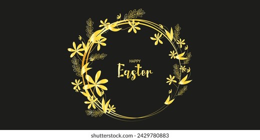 Easter banner design for Social Media web packaging and advertising. Gold elements black background. Golden wreath of flowers. Easter. Vector illustration.