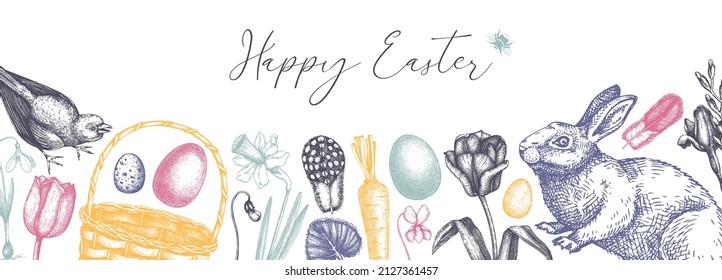 Easter banner design. With spring flowers, eggs, and rabbit hand-drawings. Hand-sketched botanical backdrop. Spring plants and animals sketches. Vector Easter background