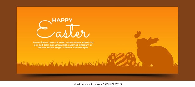 Osterbanner-Design-Vorlage. Modernes Banner-Design mit einer Silhouette aus Gras, Kaninchen, Schmetterling und Ei. Für Website, Grußkarte, Banner, Hintergrund und Hintergrund verwendbar. Vektordesign einzeln.
