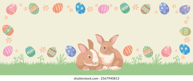 Easter banner design with two little bunnies and colorful Easter eggs, suitable for Facebook banners and web banner