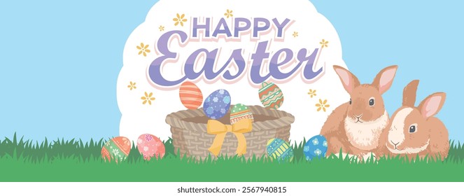 Easter banner design with two little bunnies, colorful Easter eggs and basket suitable for Facebook banners and web banners