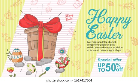 Easter banner, discount up to fifty percent, special offer, box with a bow among colored eggs, stones, in the style of children's Doodle illustration, for design design vector EPS 10