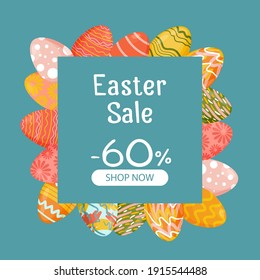 Easter banner with discounts, special offer. Easter eggs on the background. Vector illustration for website, poster, promotion, advertisement, coupon, banner, flyer