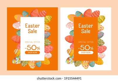 Easter banner with discounts, special offer. Easter eggs on the background. Vector illustration for website, poster, promotion, advertisement, coupon, banner, flyer