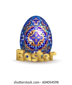 Easter banner. Egg and 3d golden lettering Easter. Vector illustration. Blue and gold egg