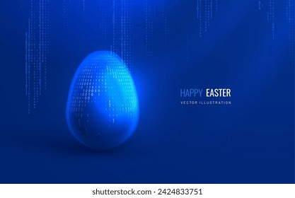 Easter banner with egg with digital binary code pattern. Easter background in technological style. Vector illustration