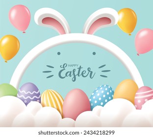 Easter banner with Easter eggs and balloons on pastel green background.