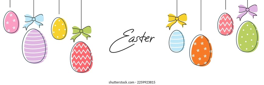 Easter banner: eggs, bow. Trendy Easter design in pastel colors. Modern minimal style. Horizontal poster, greeting card, header for website template. Flat vector illustration