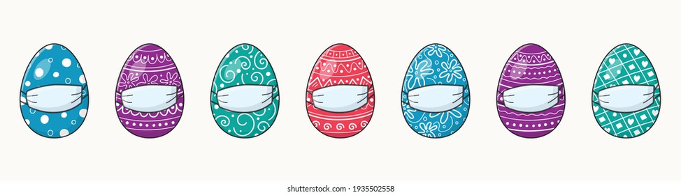 Easter banner with eggs and face masks. Holidays during coronavirus. Vector
