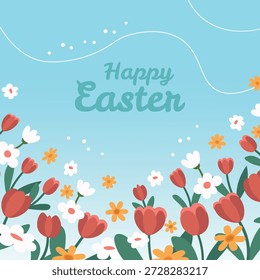 Anuncio de Pascua con huevos y flores. Feliz Pascua. Un Anuncio sencillo en un estilo plano.