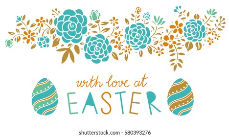 Easter banner. Eggs, flowers, leaves, branches hand drawn isolated on white background. Handwritten font, lettering