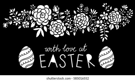 Easter banner. Eggs, flowers, leaves, branches hand drawn isolated on black background. Handwritten font, lettering