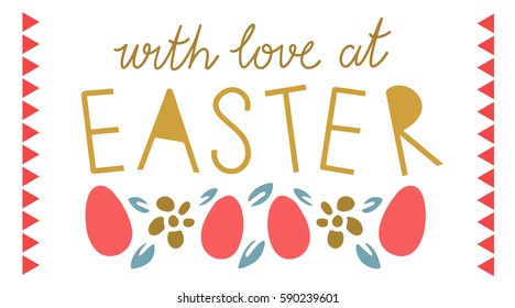 Easter banner. Eggs, flowers, leaves, borders hand drawn isolated on white background. Handwritten font, lettering