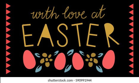 Easter banner. Eggs, flowers, leaves, borders hand drawn isolated on black background. Handwritten font, lettering