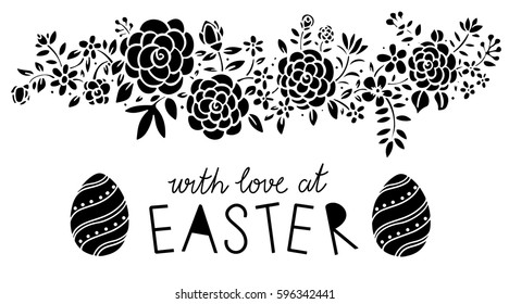 Easter banner. Eggs, flowers, leaves, branches hand drawn isolated on white background. Handwritten font, lettering
