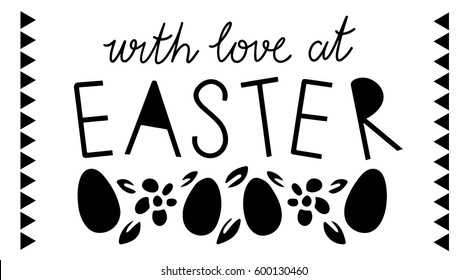 Easter banner. Eggs, flowers, leaves, borders hand drawn isolated on white background. Handwritten font, lettering