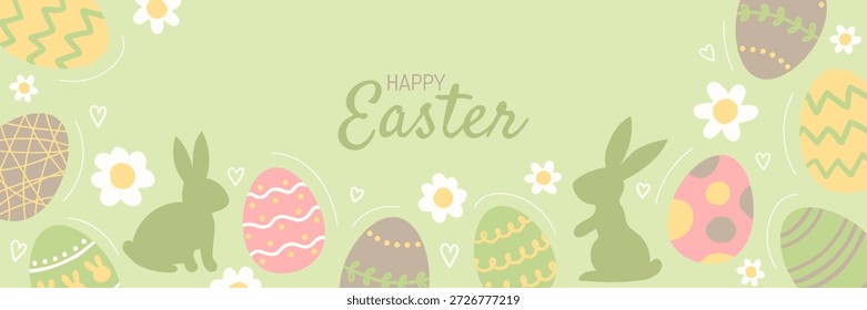 Easter banner with Easter eggs, flowers and rabbits on green background. Vector illustration	