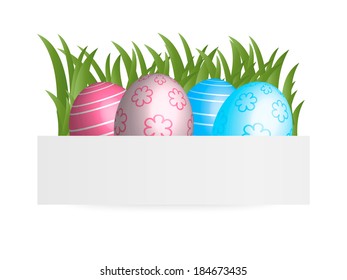 Easter banner with easter eggs and green grass, vector illustration