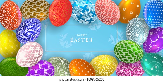 Easter banner with Easter eggs. Greeting poster for Easter Day. Top view. Promotion and shopping template for Easter.