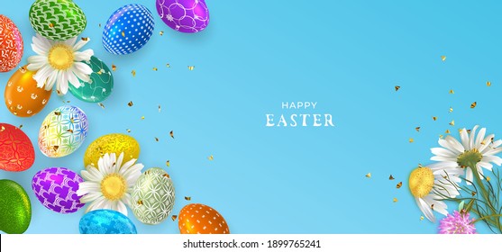 Easter banner with Easter eggs. Greeting poster for Easter Day. Top view. Promotion and shopping template for Easter.
