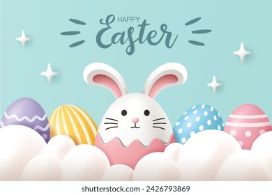 Easter banner with Easter eggs on pastel green background.