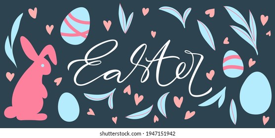 Easter banner with eggs, rabbit and hearts. Happy Easter design with lettering in pastel colors on dark background. Horizontal banner