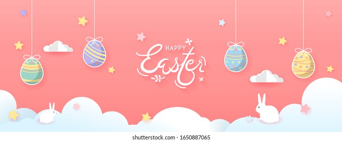 Easter banner with eggs and rabbit on pink background